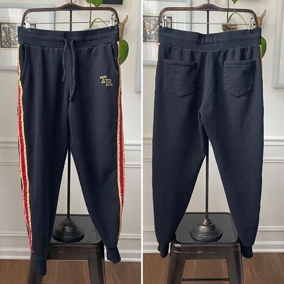 True Religion Women's Black Yellow Red Satin Side Striped Jogging Pants $140 M - Picture 1 of 8